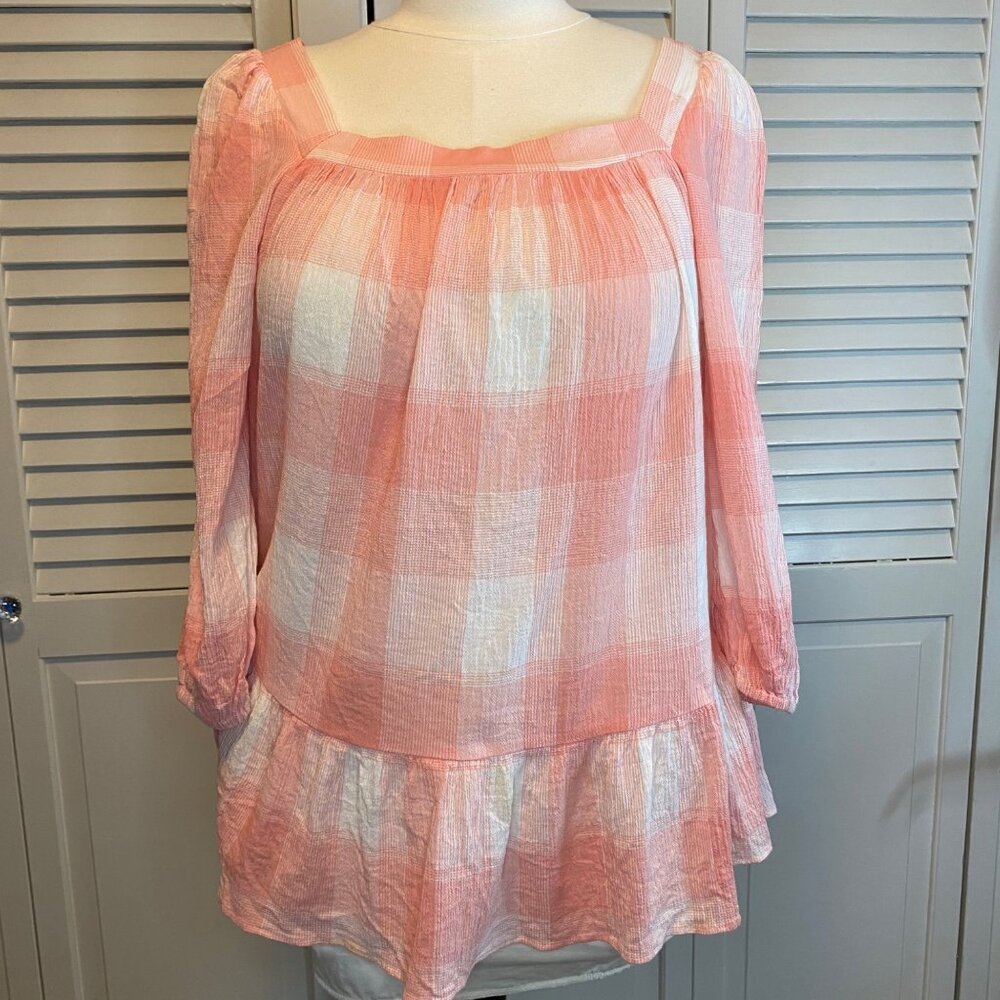 CHAPS BUFFALO CHECK PEPLUM PUFFED SLEEVE COTTON BLOUSE